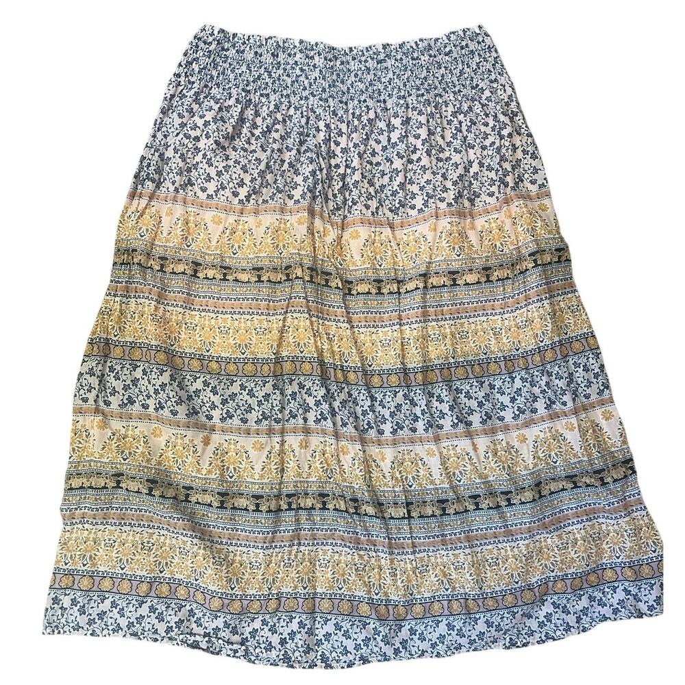 J.Jill Vintage-Style Boho Floral Tiered Midi Skirt Size L 100% Cotton
